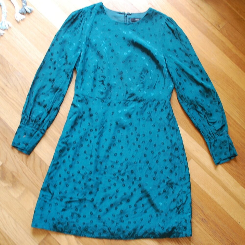 J.CREW Green Shirred Shift Lined Dress in Floral Jacquard Dot